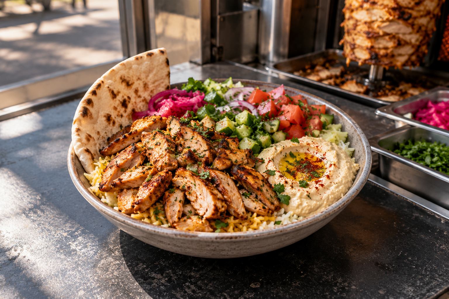 A colorful rice bowl with grilled chicken, vegetables, hummus and pita in a food cart setting
